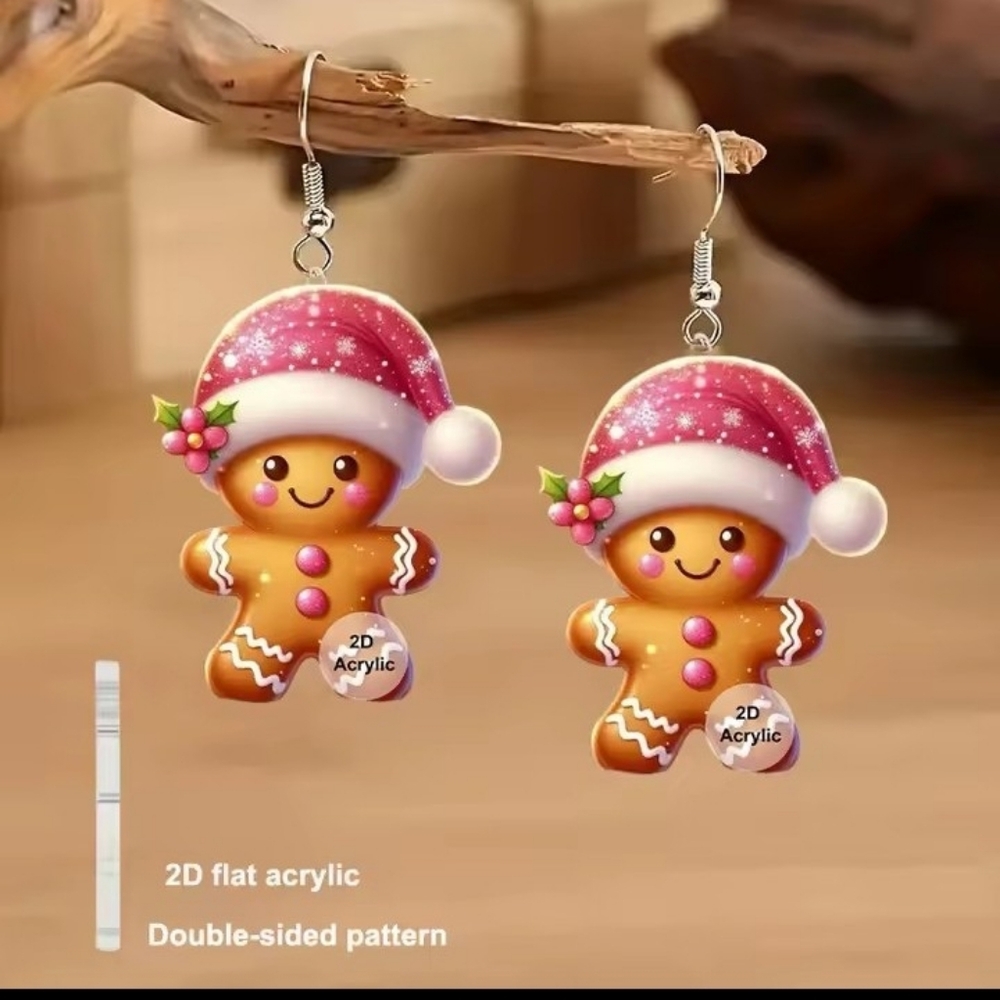 Christmas Earrings Gingerbread Man Dangle New f55 2D‎ Acrylic
